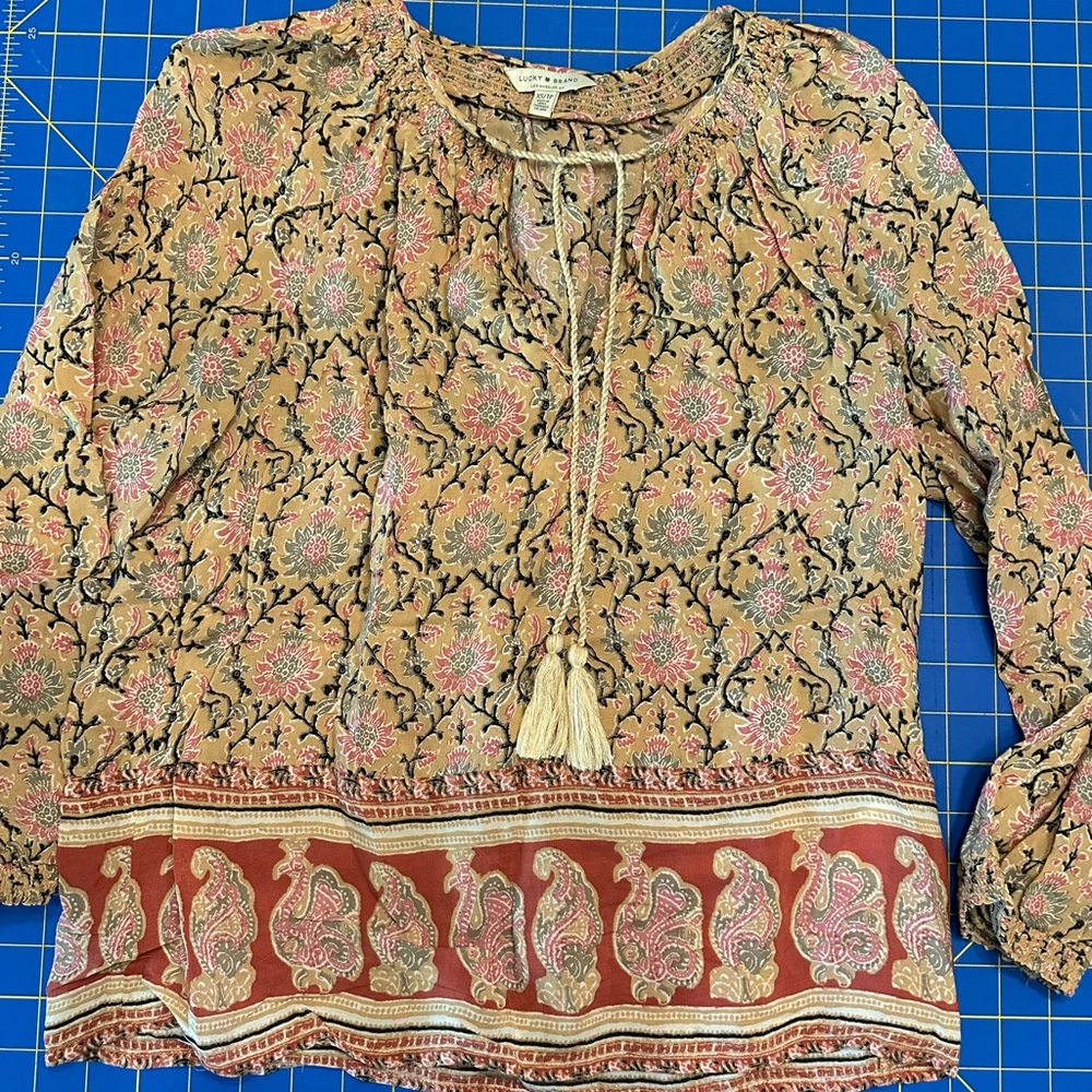 Lucky Brand Pull On Boho Peasant Blouse Tassels Long Sleeves V Neck